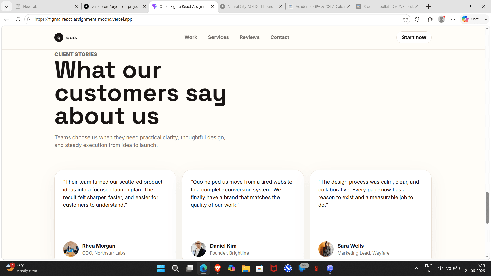 Figma React Assignment testimonials screenshot