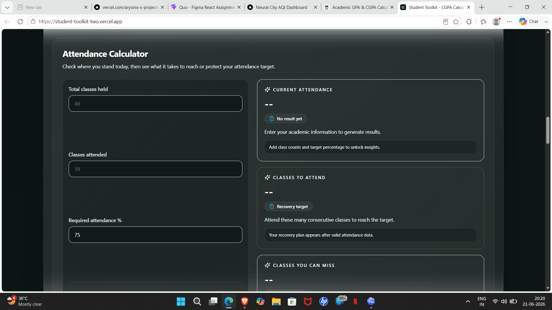 Student Toolkit attendance calculator screenshot