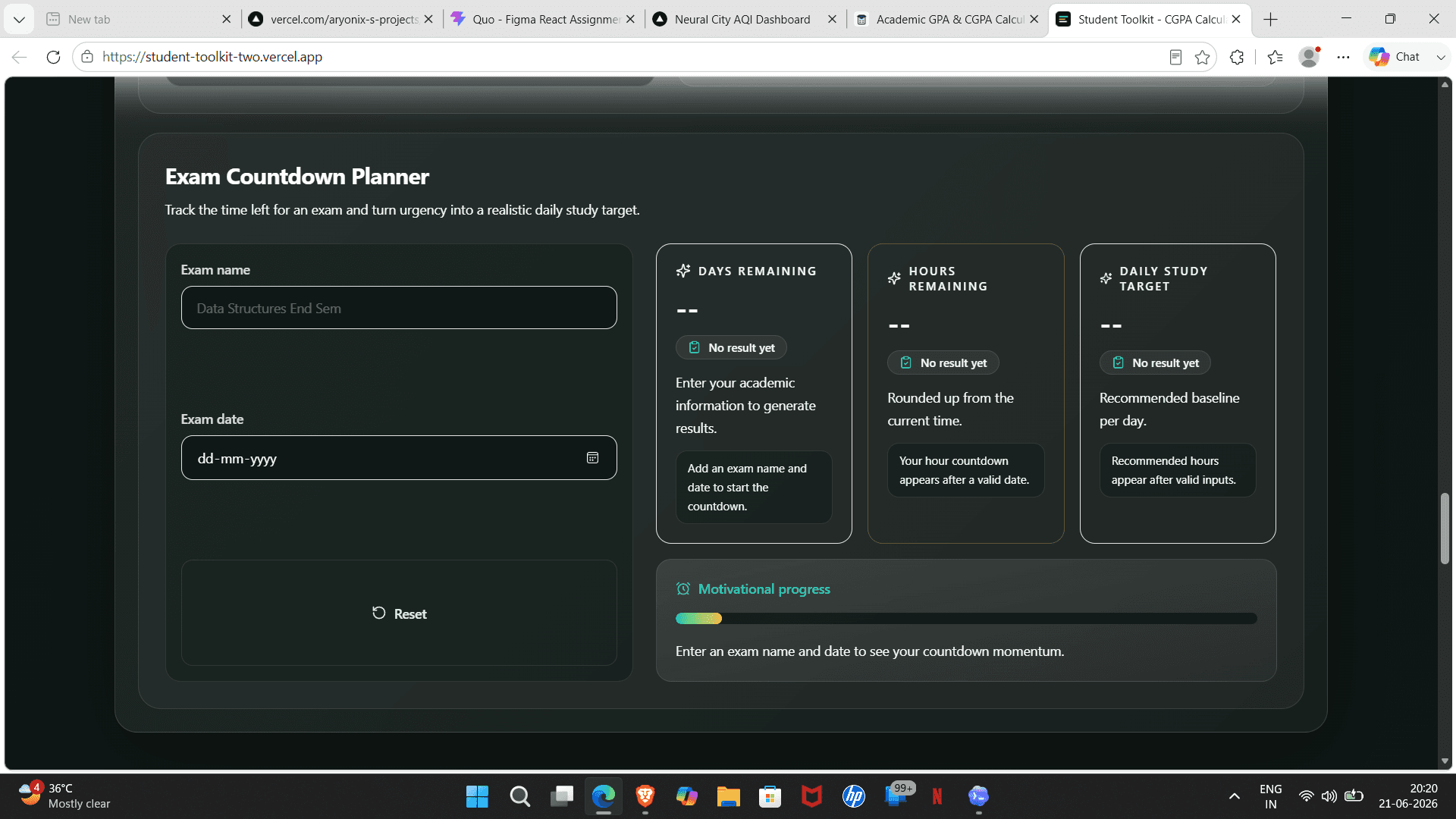 Student Toolkit countdown planner screenshot