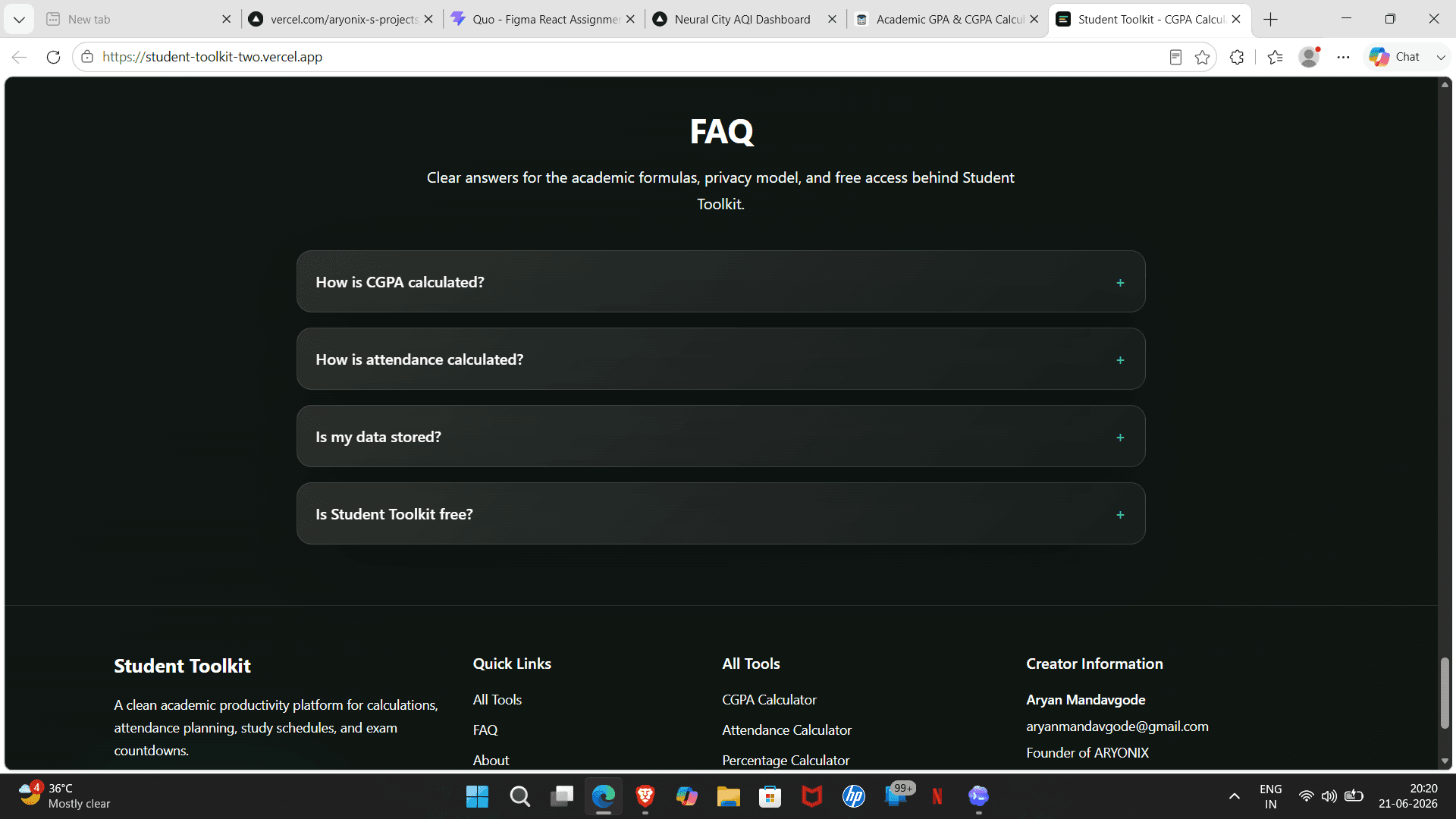 Student Toolkit FAQ screenshot